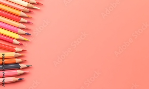 Colorful pencils arranged on a soft peach background, perfect for creative projects and designs.