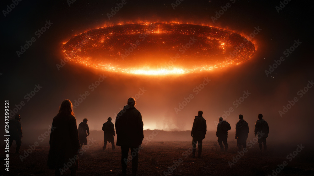 A group of silhouetted figures stands in awe beneath a glowing, fiery orange spacecraft hovering in the night sky, evoking wonder and fear of the unknown. A group of silhouetted figures stands in awe beneath a glowing, fiery orange spacecraft hovering in the night sky, evoking wonder and fear of the unknown.