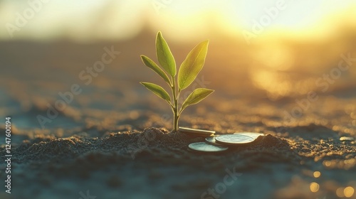 Sustainable finance and investment concept with a plant sprouting from savings coins.