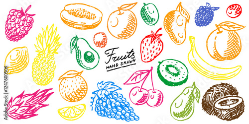 Brush drawn fresh fruits in grunge style. very simple lines with many organic food. strawberry and peach engraved. doodle summer set