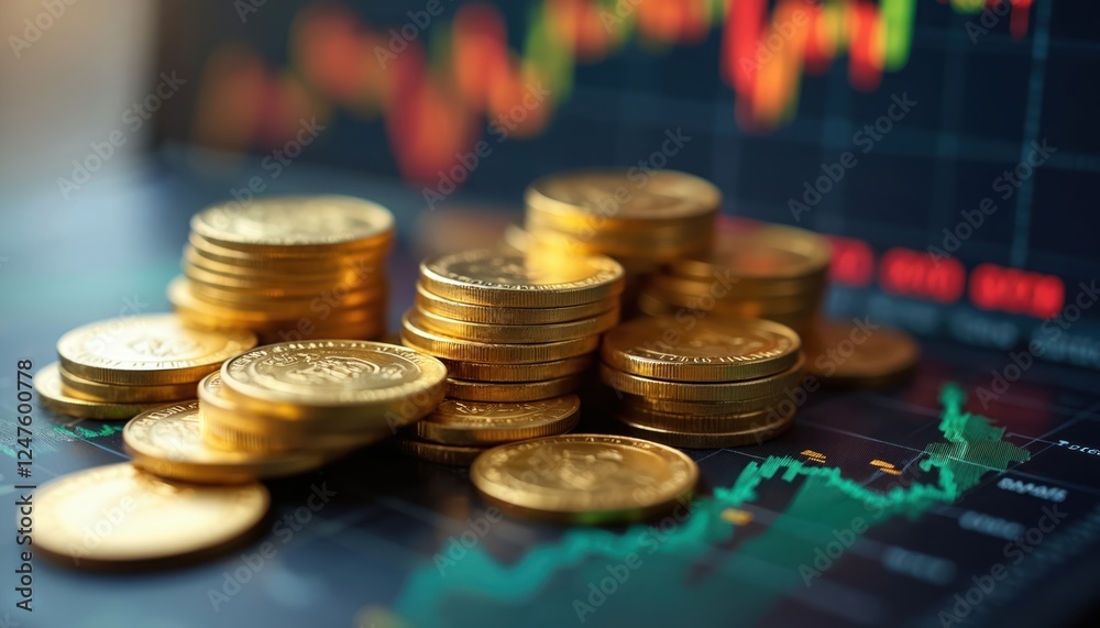 Gold coins stacked on surface with market analysis chart in background. Financial investment concept. Wealth management strategy. Potential gold investment. Profitable decisions. Gold market Gold coins stacked on surface with market analysis chart in background. Financial investment concept. Wealth management strategy. Potential gold investment. Profitable decisions. Gold market