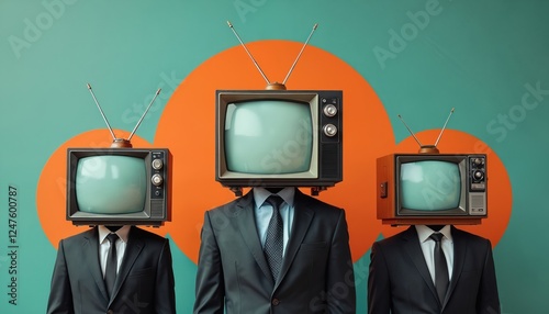 Retro tv heads on business suits stand like zombies in surreal collage. Group of people resemble media influence propaganda concept. Modern art piece uses retro tv heads as symbol of control media