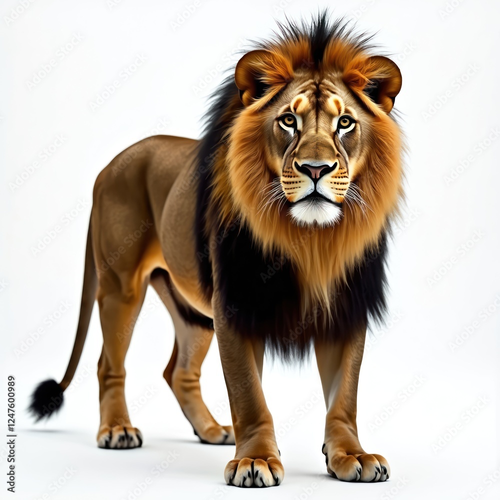 Fototapeta premium Powerful lion stands isolated against white backdrop. Majestic wild animal with full mane, alert gaze. Stance suggests alertness, confidence. Image perfect for wildlife enthusiasts seeking impactful