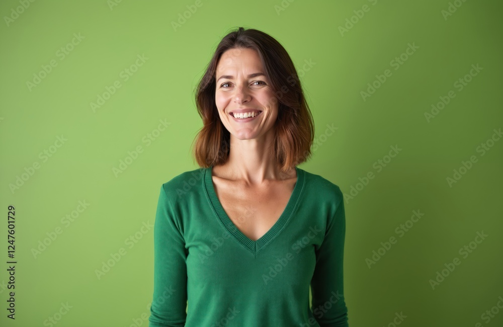 Fototapeta premium Middle-aged woman smiles warmly in studio portrait. She wears green sweater against green background. Happy expression. Casual attire. Possible model or pro. Mid-life beauty. Attractive. Studio shot.