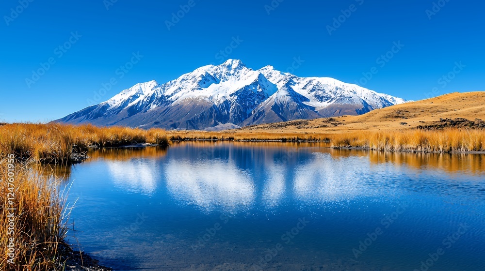 Majestic Snow-Capped Mountain Reflected in a Tranquil Autumn Lake under a Vibrant Blue Sky, Evoking Serenity and Peace in Nature Majestic Snow-Capped Mountain Reflected in a Tranquil Autumn Lake under a Vibrant Blue Sky, Evoking Serenity and Peace in Nature