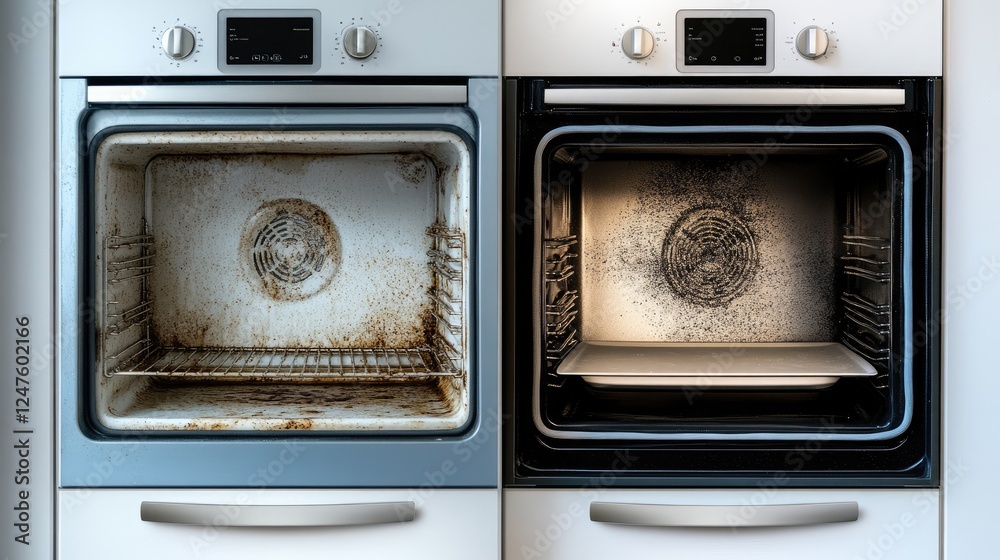 Obraz premium A grease-covered oven door before and after being cleaned with a degreaser.