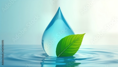 Water droplet rests on rippling water surface with green leaf resting gently alongside. Image evokes eco-friendly water conservation charity, sustainable food delivery service. Blue, green colors photo