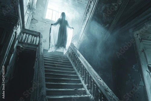 Ethereal apparition standing at the top of a haunted mansion staircase, glowing in the mist. photo