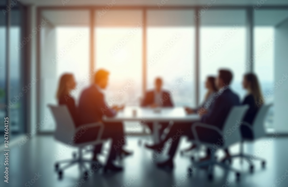 Blurred business people sit in boardroom. In corporate meeting. People in professional attire. Modern office interior with large windows. Meeting taking place. Business people, likely discussing Blurred business people sit in boardroom. In corporate meeting. People in professional attire. Modern office interior with large windows. Meeting taking place. Business people, likely discussing
