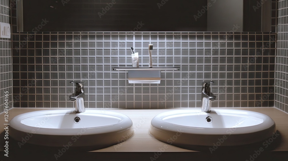 Fototapeta premium A modern bathroom with a sparkling clean sink, faucet, and mirror.