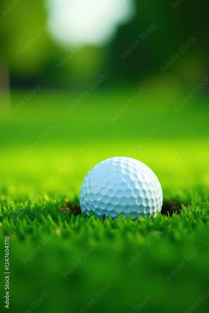 Golf ball partially buried in thick, vibrant green grass, close up, sport Golf ball partially buried in thick, vibrant green grass, close up, sport