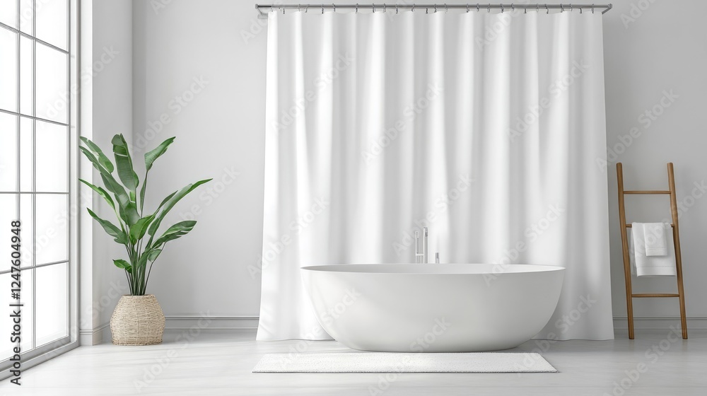 Fototapeta premium A pristine white shower curtain hanging in a freshly cleaned bathroom.