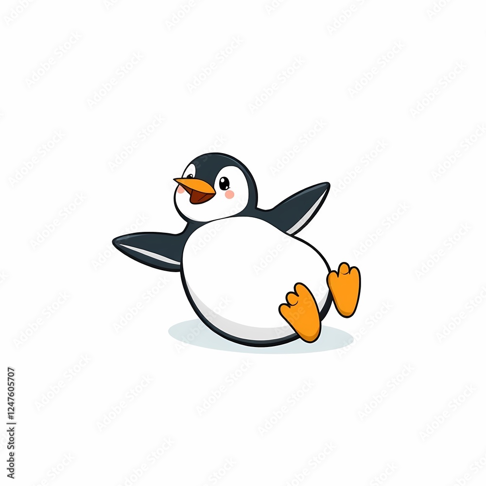 Obraz premium Happy Penguin Cartoon: A charming cartoon penguin, with a wide, toothy grin and outstretched wings, belly up in the air, exudes pure joy and playfulness.