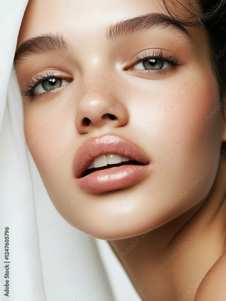 Close up portrait of a vibrant young model with glowing skin, delicate features, and gentle expression, emphasizing beauty and skincare products Close up portrait of a vibrant young model with glowing skin, delicate features, and gentle expression, emphasizing beauty and skincare products