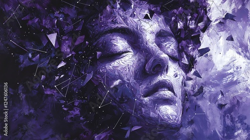 Abstract portrait of a dreamer with constellation patterns in cosmic purple and silver colors, geometric fragments scattered across the face photo