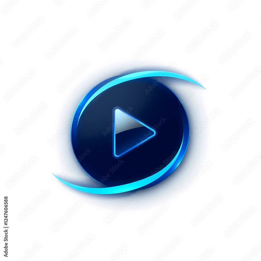 Futuristic Play Button: An iridescent, blue neon play button symbol on a dark blue circular background. The button radiates futuristic energy and evokes a sense of anticipation for what's to come. Futuristic Play Button: An iridescent, blue neon play button symbol on a dark blue circular background. The button radiates futuristic energy and evokes a sense of anticipation for what's to come.