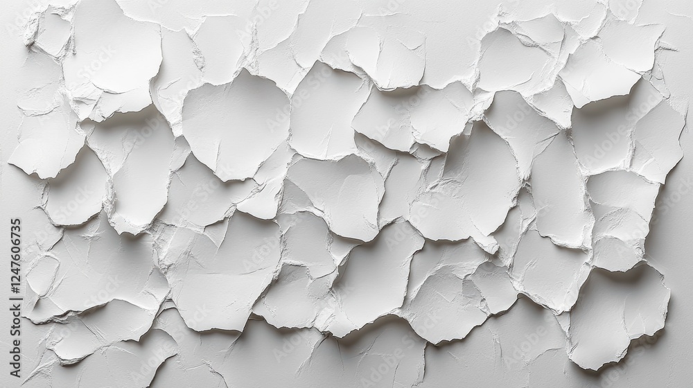 A textured wall displays various torn paper pieces, creating a dynamic pattern. The contrast between the intact and ripped areas adds depth to the overall aesthetic of the space A textured wall displays various torn paper pieces, creating a dynamic pattern. The contrast between the intact and ripped areas adds depth to the overall aesthetic of the space