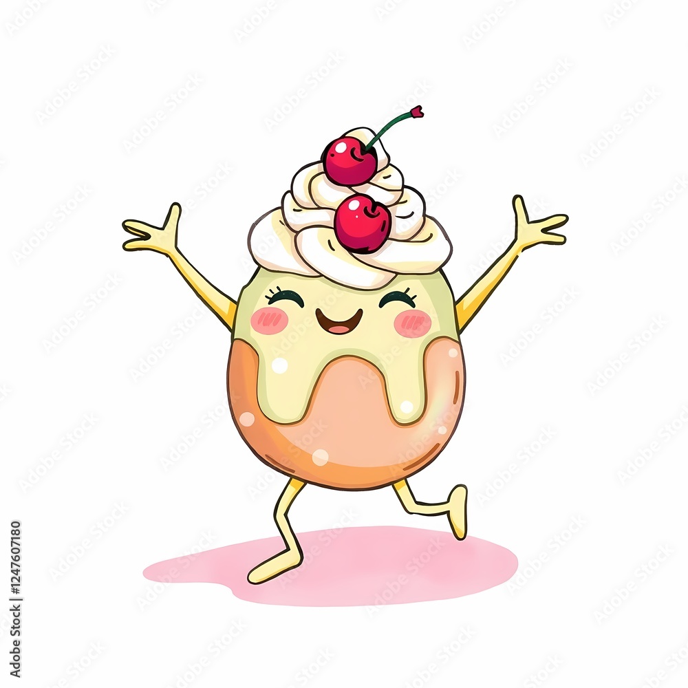 Naklejka premium Happy Dessert Character: A cheerful and whimsical dessert character with a creamy topping and cherry sprinkles, dances with joy.