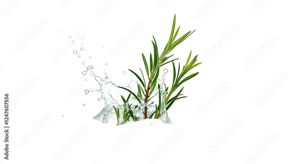 Obraz premium Isolated rosemary sprig, green leaves, water splash, transparent water.