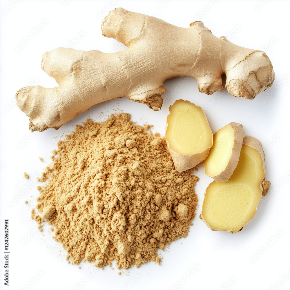 Fototapeta premium Top view of ground dry ginger powder isolated on a white background