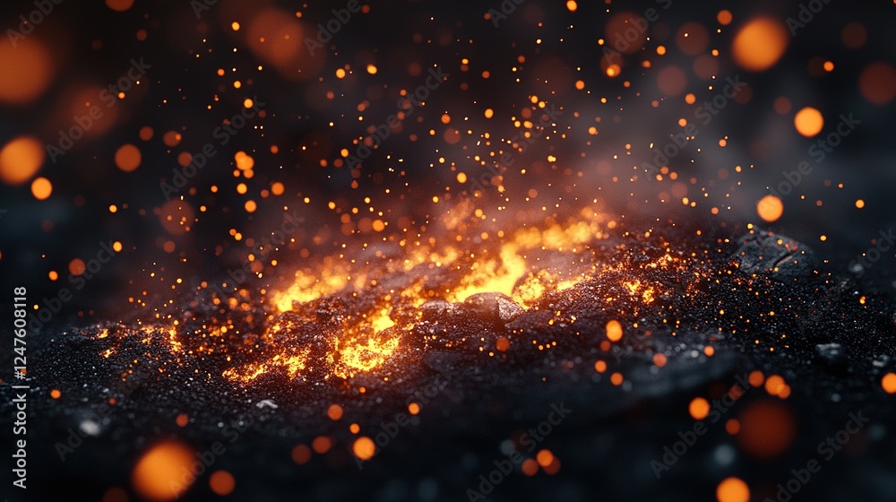 Fototapeta premium Volcanic eruption sparks lava flow nature dark environment close-up view dynamic energy