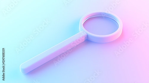 Stylized 3D magnifying glass with a futuristic pastel design, softly glowing in neon hues, representing modern digital search and innovation in UI aesthetics.