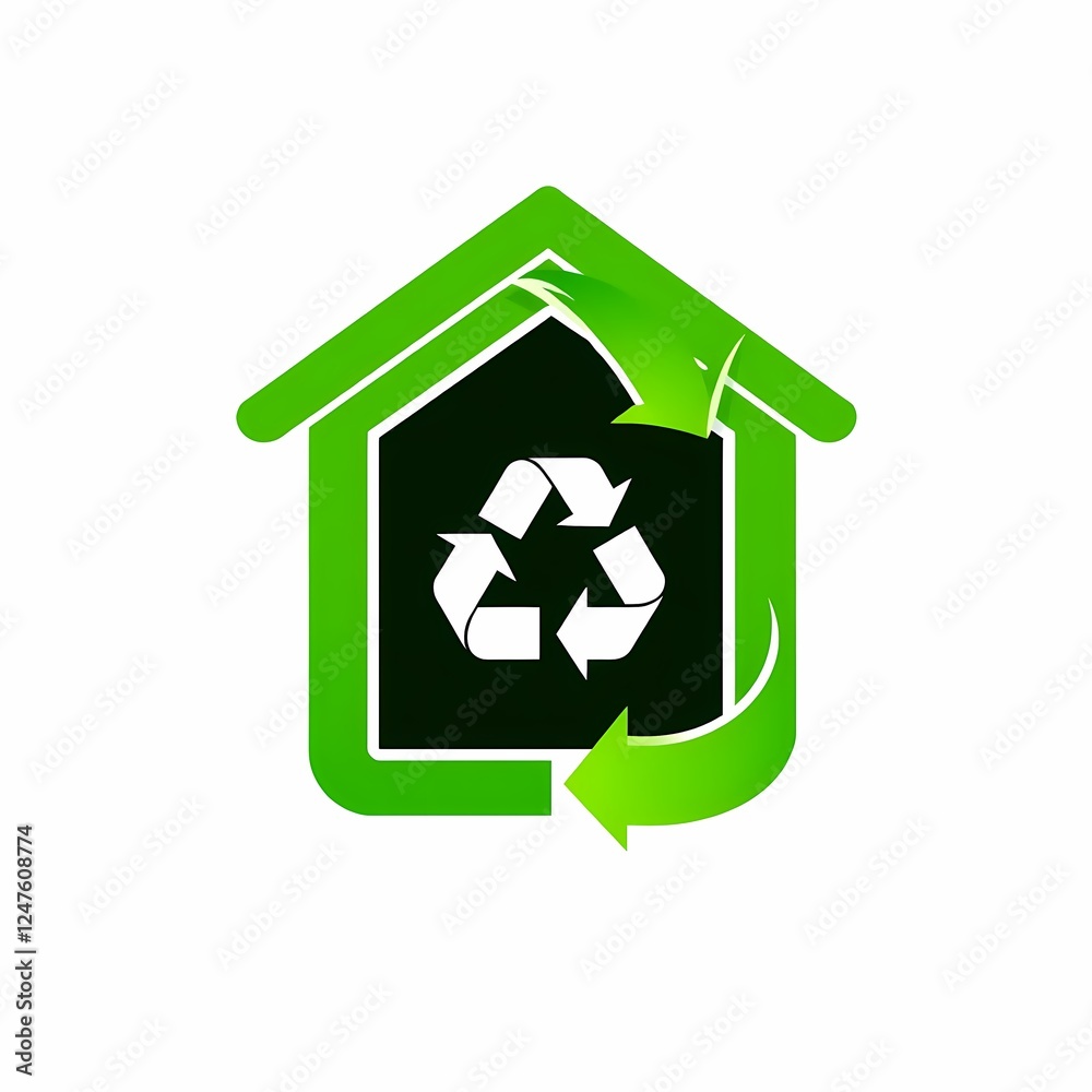 Green Home Recycling Logo: A vibrant green house icon incorporates a recycling symbol and circular arrows, symbolizing eco-friendly living and sustainable practices. Green Home Recycling Logo: A vibrant green house icon incorporates a recycling symbol and circular arrows, symbolizing eco-friendly living and sustainable practices.