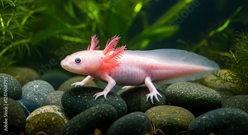 Captivating close-up of a pink axolotl in its aquatic environment habitat