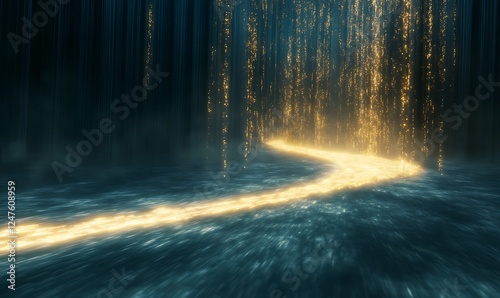 A shimmering path of light flows through a dark, misty environment, creating a magical atmosphere.