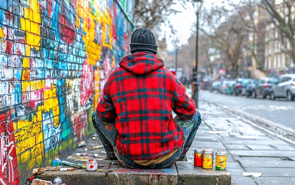 Artist painting vibrant graffiti wall. Artist painting vibrant graffiti wall.