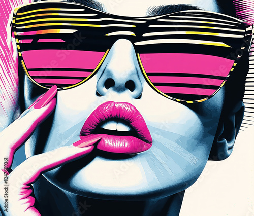Colorful pop art poster of a beautiful woman in outrageous sunglasses with a finger to her lips.
