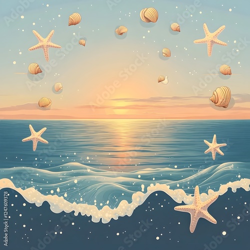 Serene Ocean Sunset at Tropical Beach with Starfish and Seashells photo