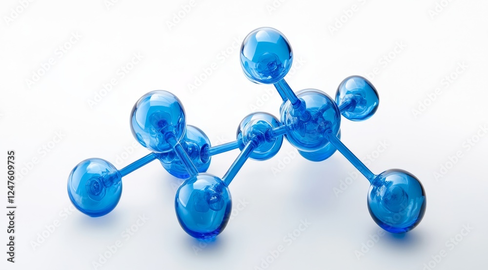 Blue glass molecule model on white background, science concept Blue glass molecule model on white background, science concept