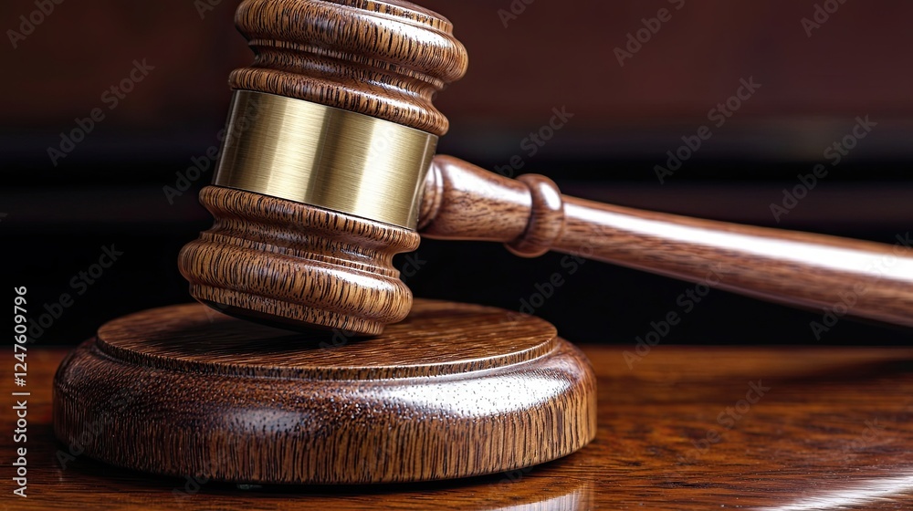 Judicial gavel resting on wooden sound block in a courtroom setting emphasizes the importance of law and order Judicial gavel resting on wooden sound block in a courtroom setting emphasizes the importance of law and order