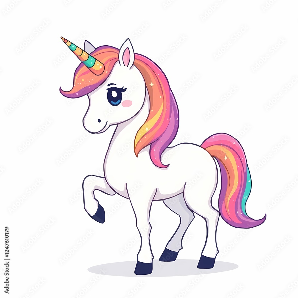 Fototapeta premium Rainbow Mane Unicorn: A charming illustration of a white unicorn with a vibrant rainbow mane and tail, standing proudly, perfect for children's books, cards, and whimsical designs.