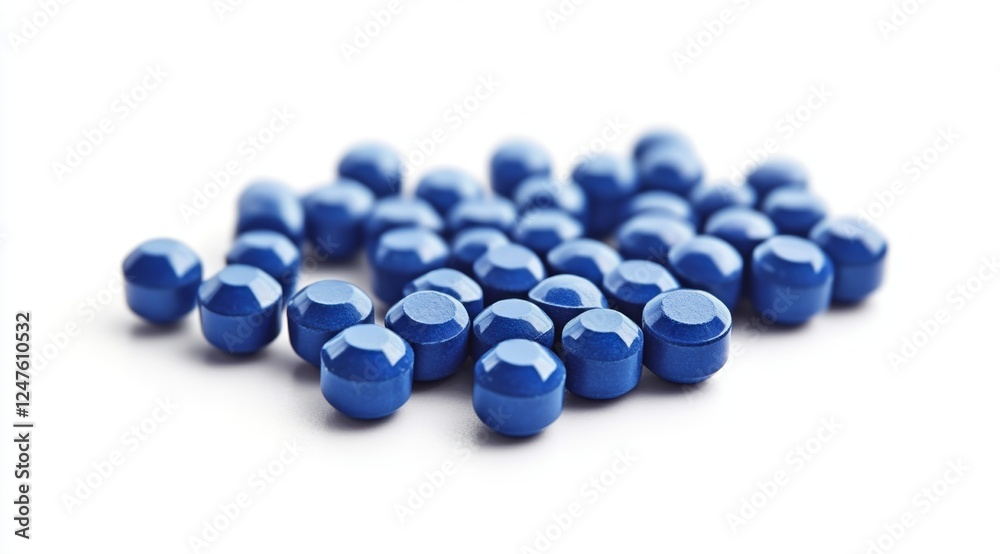 Blue pills scattered on white background, studio shot, medical/pharmaceutical use Blue pills scattered on white background, studio shot, medical/pharmaceutical use