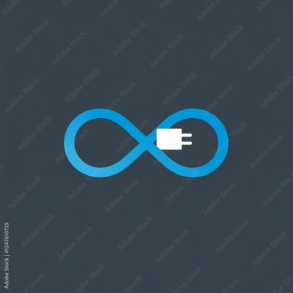 Endless Power: A symbolic representation of an infinite energy source with a blue infinity symbol, representing endless power, and a white power cord, signifying the source of power. Endless Power: A symbolic representation of an infinite energy source with a blue infinity symbol, representing endless power, and a white power cord, signifying the source of power.
