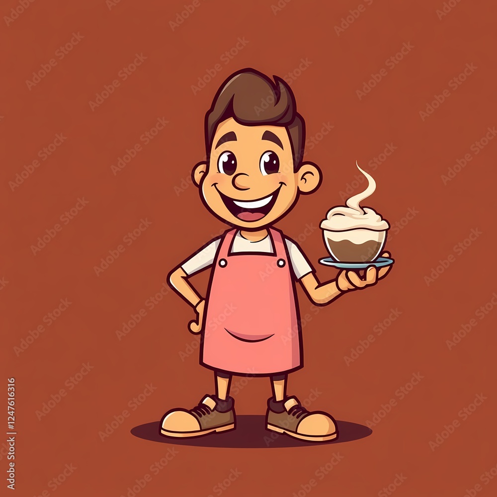 Happy Barista Cartoon: A cheerful cartoon barista proudly presents a steaming cup of coffee with whipped cream, radiating warmth and friendliness. This charming illustration is perfect for cafes. Happy Barista Cartoon: A cheerful cartoon barista proudly presents a steaming cup of coffee with whipped cream, radiating warmth and friendliness. This charming illustration is perfect for cafes.