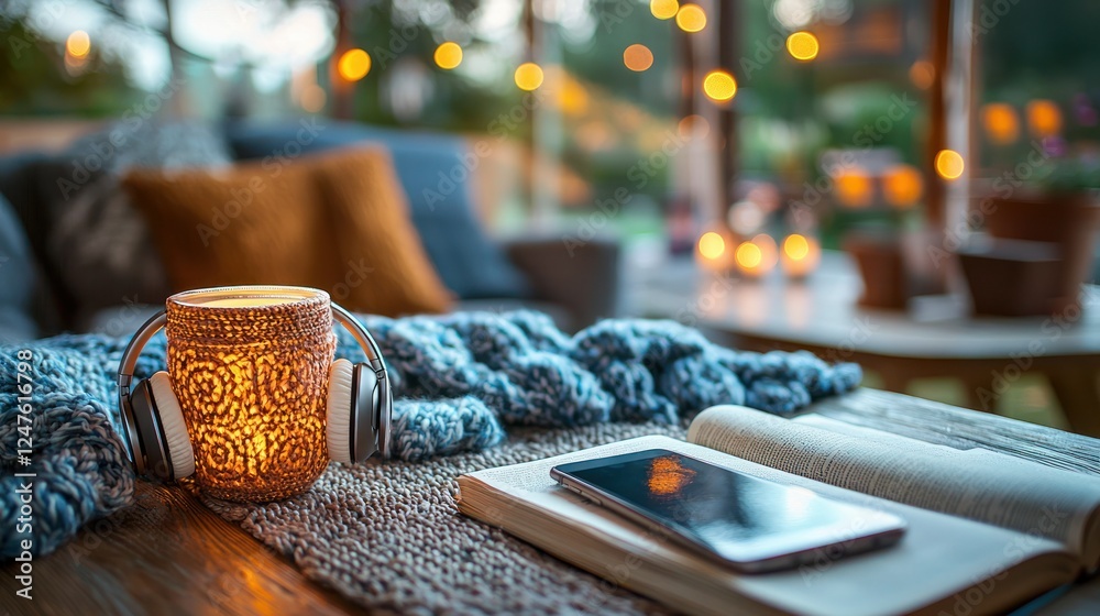 Cozy autumn evening relaxing on patio with book, phone, and candlelight Cozy autumn evening relaxing on patio with book, phone, and candlelight