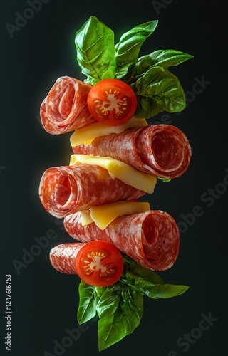 Delectable Delicacies: A Vibrant Arrangement of Cold Cuts, Sausages, Cheese, Lettuce, Tomato, and Basil for Culinary Inspiration