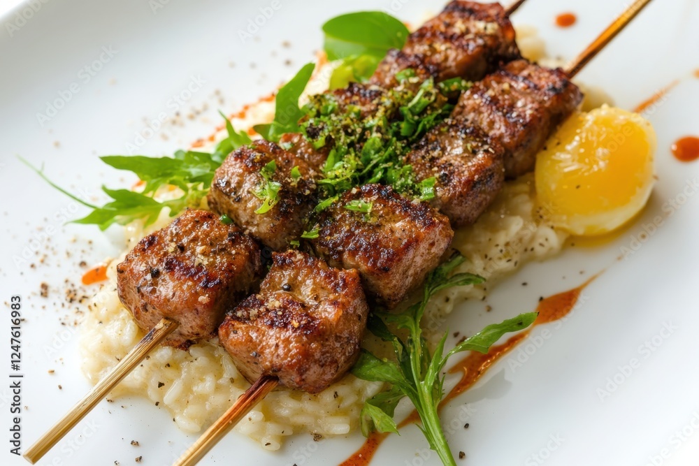 Grilled meat skewers elegantly plated with risotto and garnish Grilled meat skewers elegantly plated with risotto and garnish