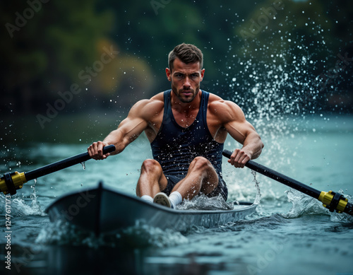 Muscular athlete rows boat powerfully. Water splashes around rower. Focused athlete rows in river. Strong physique shows intense effort. Dynamic movement in action sport. Rowing boat moves fast.