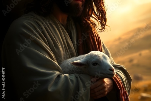 Jesus Christ holding a lamb. Love, kindness and care.