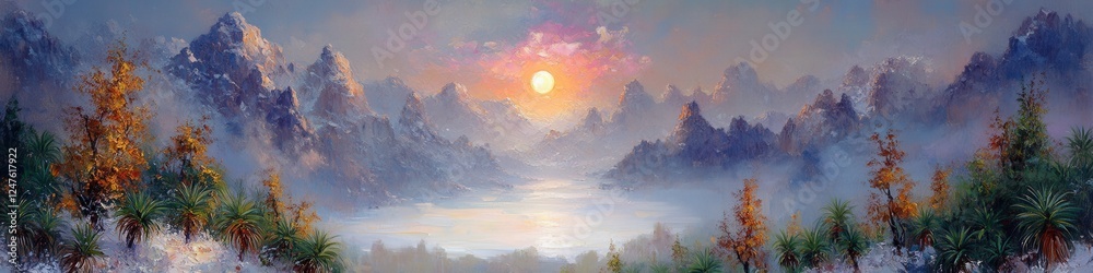 Obraz premium Breathtaking Mountain Sunrise Over Snowy Peaks and Misty Lake with Autumn Trees and Vibrant Skylines in a Serene Landscape Painting for Nature Lovers and Art Enthusiasts