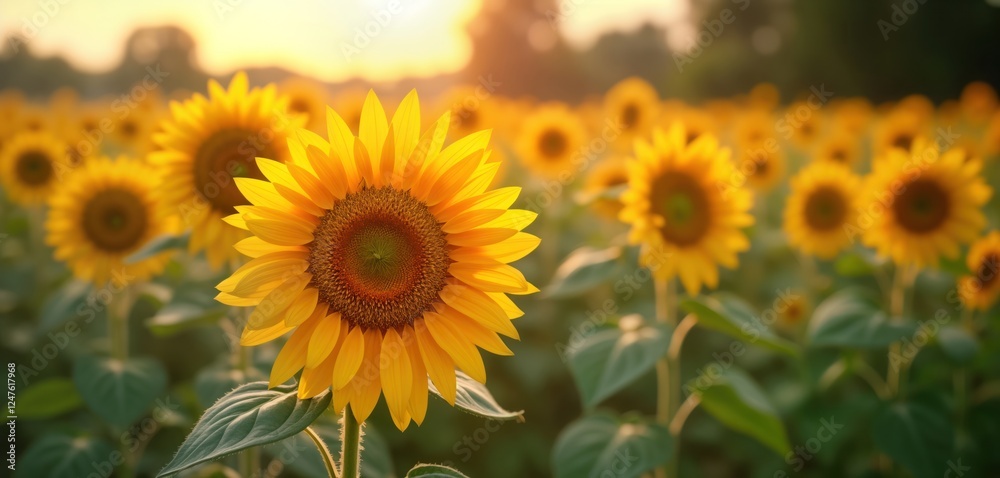 Fototapeta premium Beautiful sunflower field at sunrise. Bright yellow sunflowers stand tall in vast field. Blurred background creates gentle summer ambiance. Perfect for greeting cards general nature photos. Stunning
