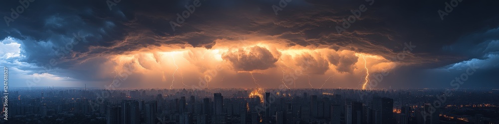 Obraz premium Dramatic Storm Clouds Over City Skyline with Stunning Sunset Lightning, Panoramic Aerial View of Urban Landscape Under Dark Skies and Natural Phenomena