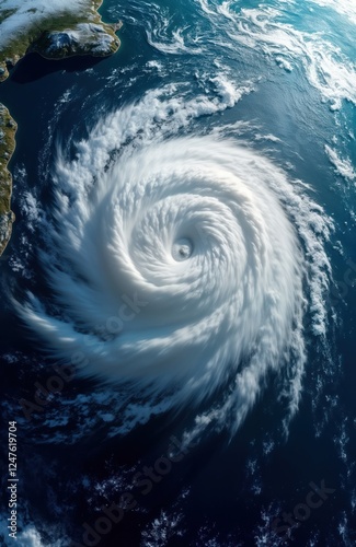 Satellite image shows powerful hurricane over ocean. Stormy weather system swirls violently. Top view of natural disaster. Global warming issues highlighted. Large scale weather pattern visible.