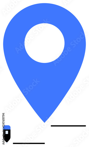 Large blue map location pin, small pen icon, and horizontal lines. Ideal for navigation, location services, mapping, travel planning, directions geolocation digital tools. Abstract line flat