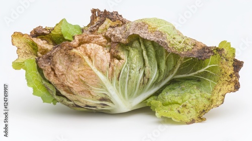 Decomposing Lettuce Head: A close-up shot of a wilted lettuce head, showing signs of decay, its once vibrant leaves now browning and withering, signaling a loss of freshness. 