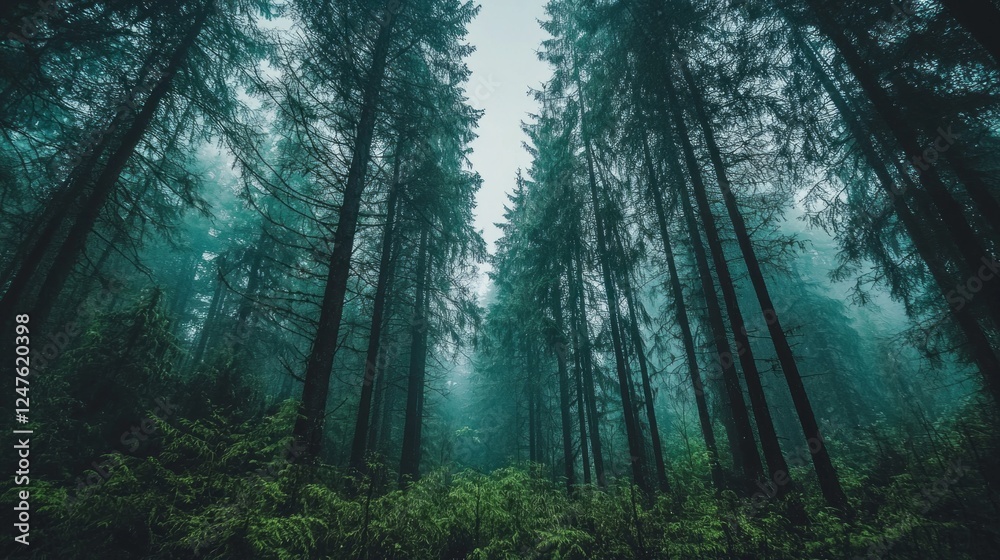 Fototapeta premium Tall trees stretch skyward, their verdant foliage filtered through the soft mist. Lush ferns carpet the forest floor, inviting exploration and discovery of nature’s hidden wonders